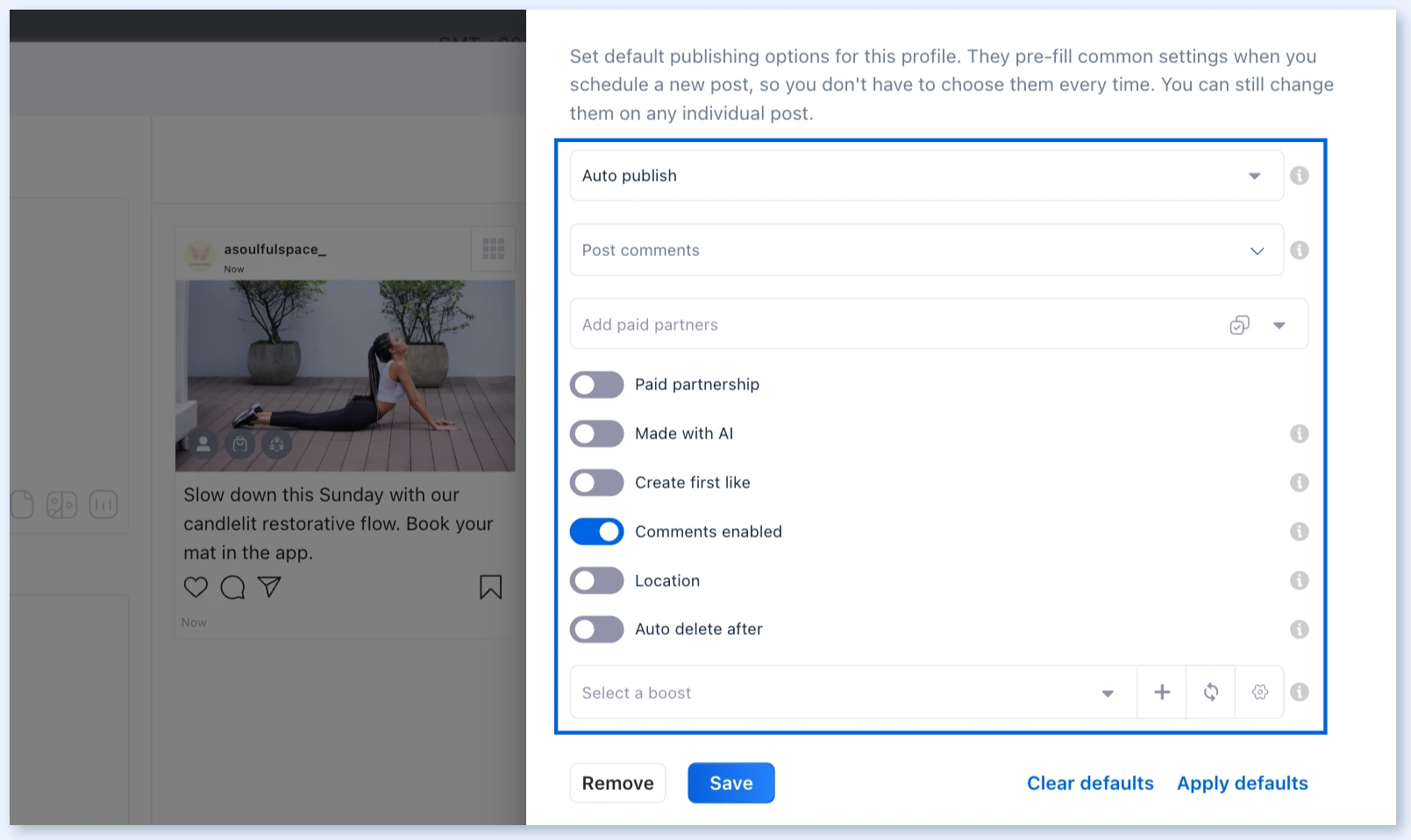El panel de valores predeterminados de un perfil de Instagram