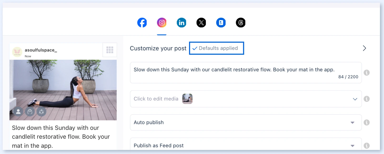Defaults applied ao lado de Customize your post