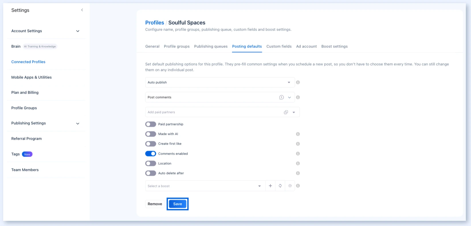 Botão Save dos padrões de publicação em Settings