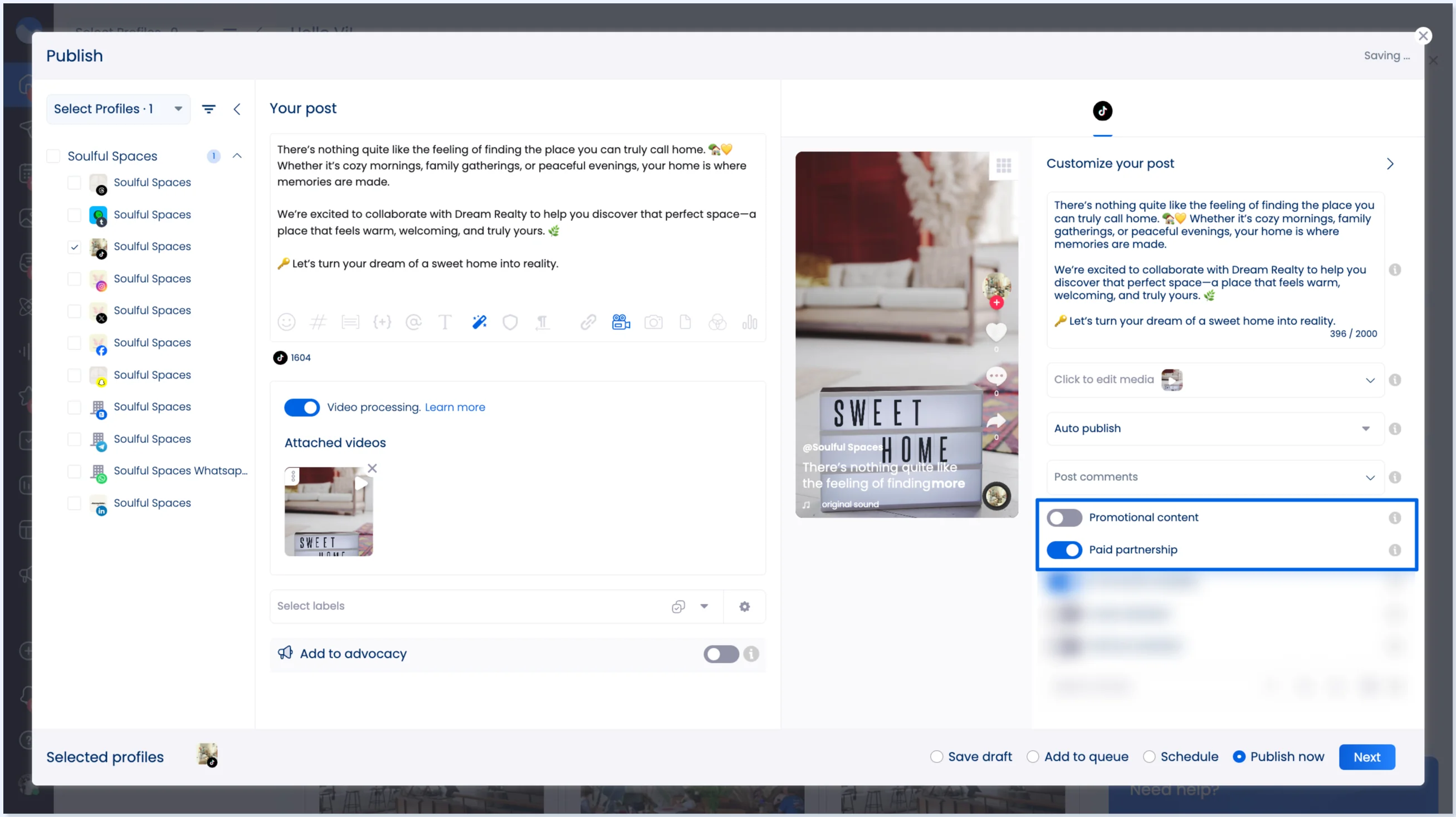 Botões Promotional content e Paid partnership em Customize your post
