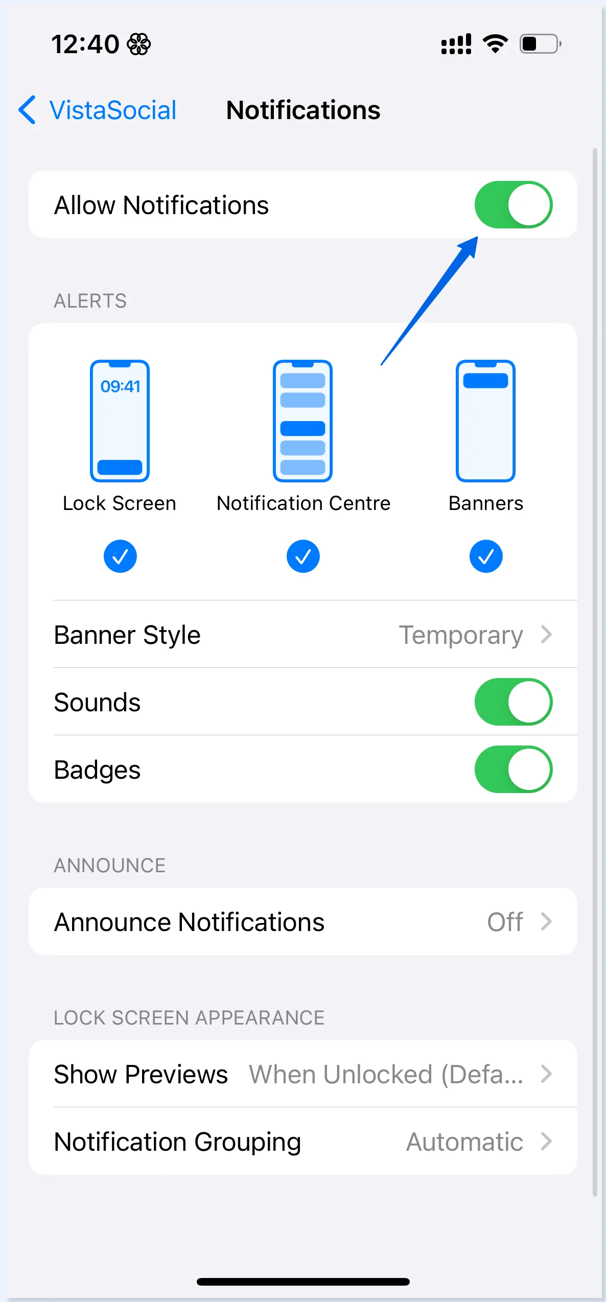 Configurações de notificação do app do Vista Social no celular