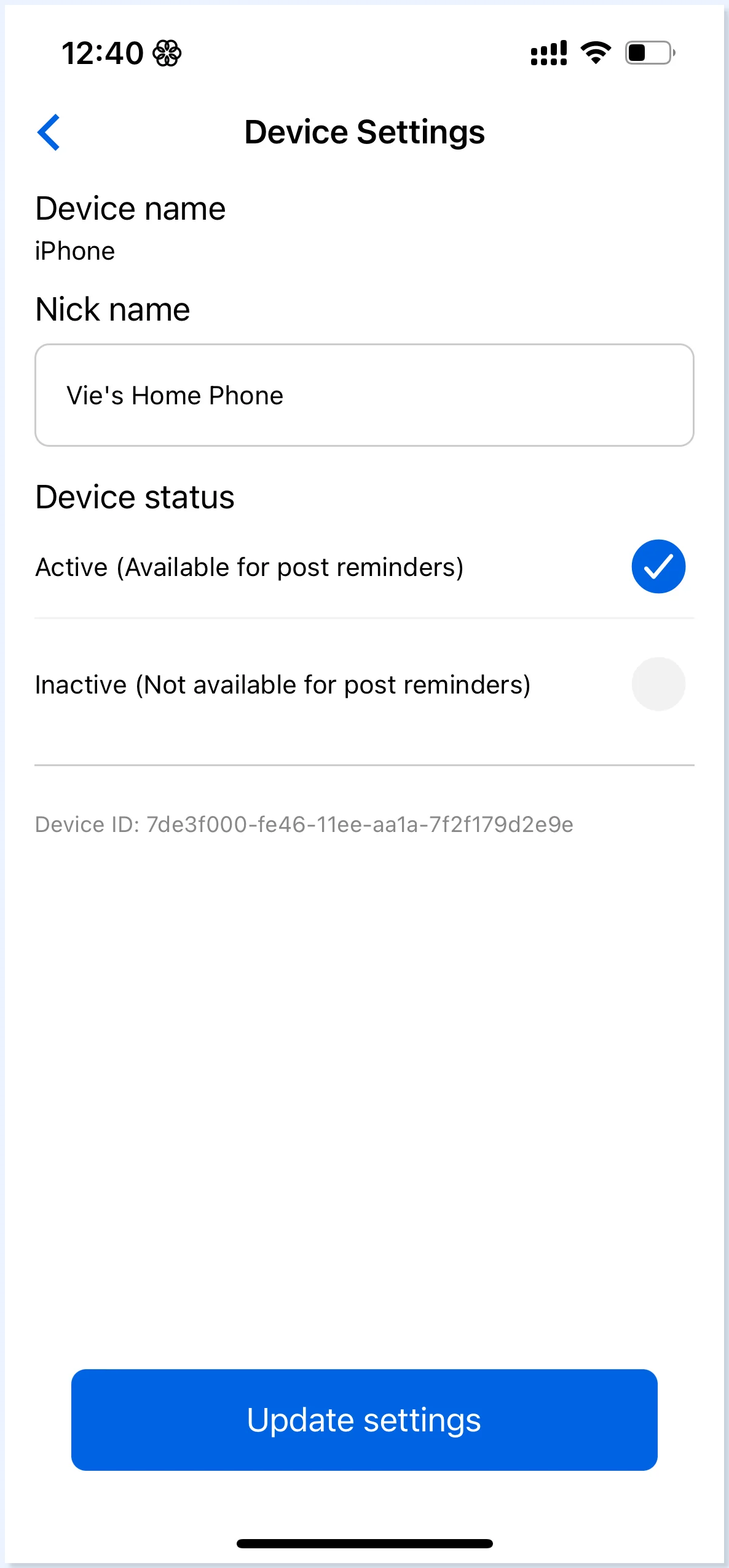 Device Status como Active no app